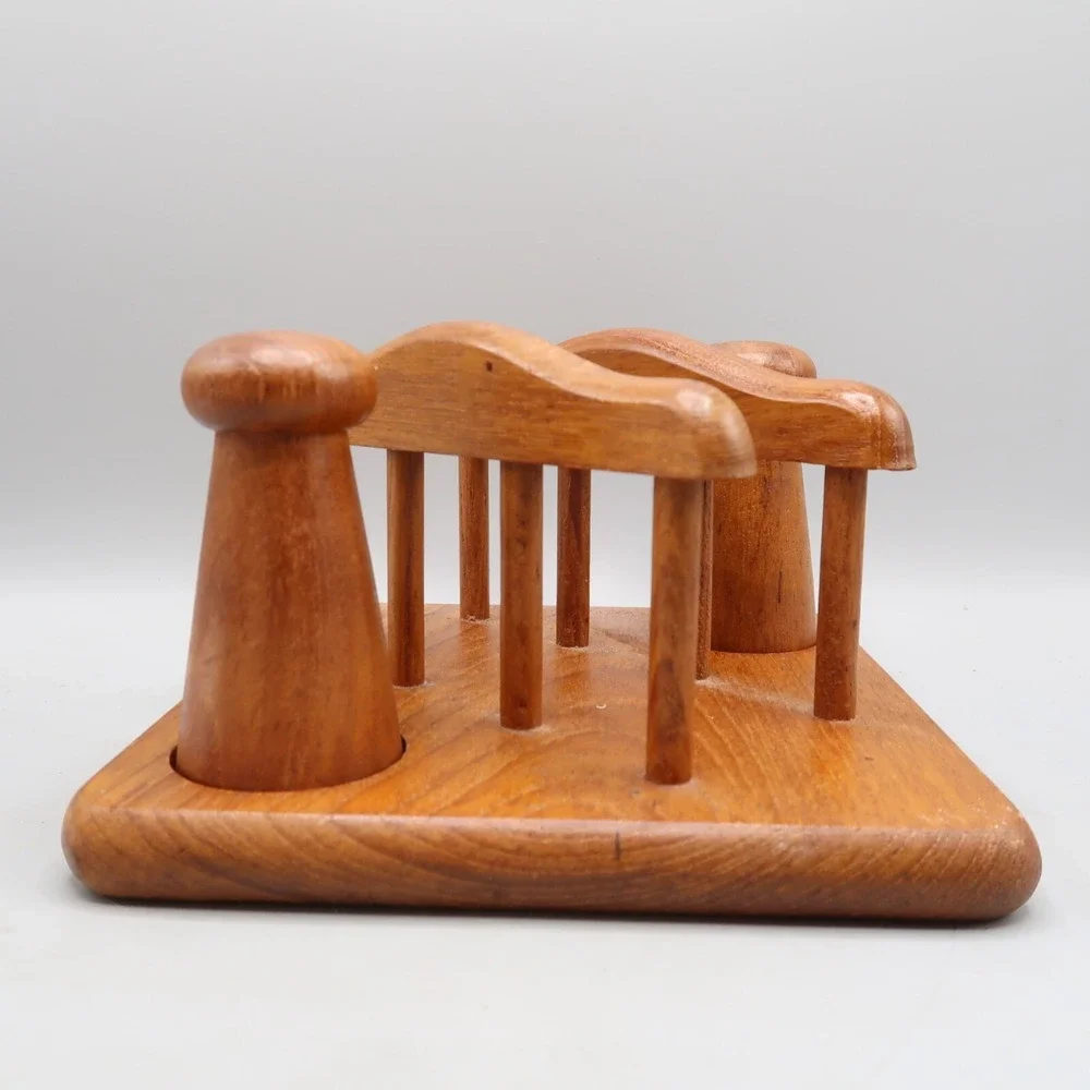 Vintage MCM Pepper and Salt Shaker in Wooden Napkin Holder Lord + Taylor Picnic